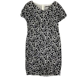 HUGO BOSS Dress US 10 Silk Black White Navy Geometric-Print Short-Sleeve Zip